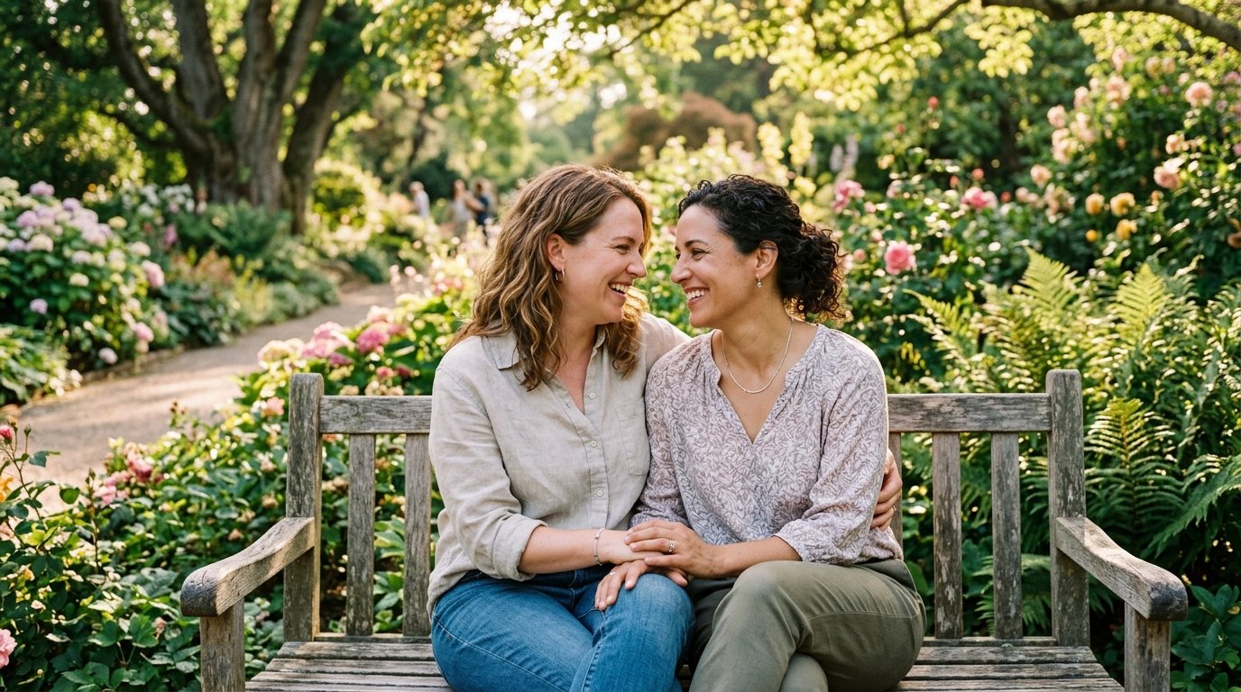 Two women sitting together affectionately in a botanical garden