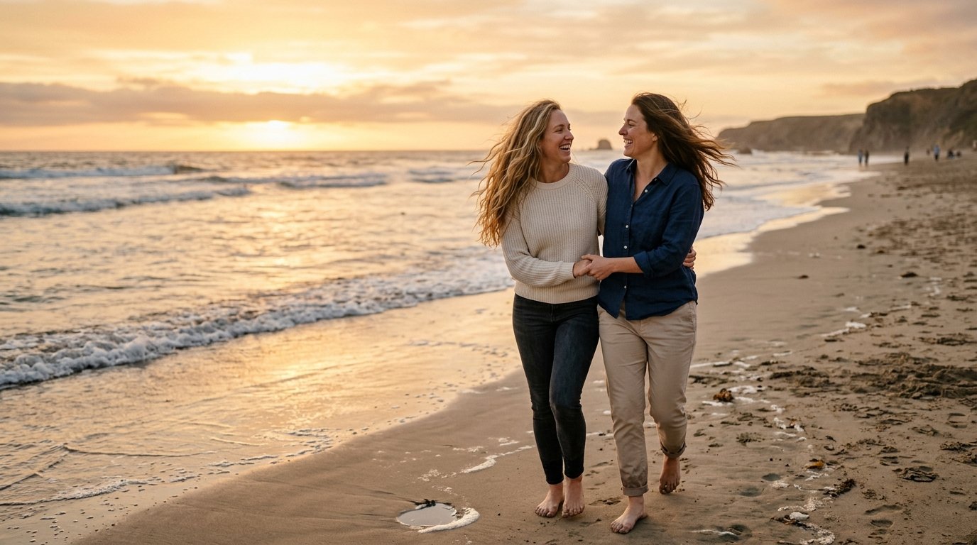 Two women walking on beach